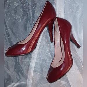 Calvin Klein Patent Leather 8 1/2 Burgundy peep toe pumps